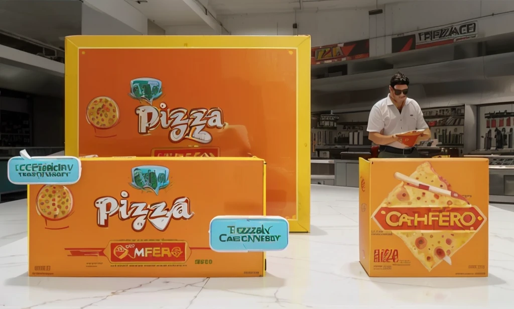There are three pizza boxes and a man standing behind them., pizza ad, 4k food commercial, Pizza is everywhere, presenting pizza, television advertisement, capture, by Carpoforo Tencalla, canopy, 🕹️ 😎 🔫 🤖 🚬, by Amelia Peláez, Pizza La Cabaña, inspired by Carpoforo Tencalla, pizza