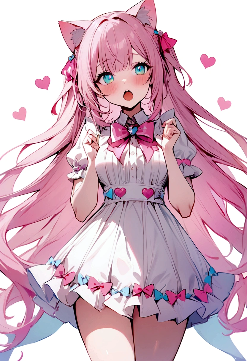 Masterpiece, Best quality, White background, (10:1 girl), (10:One guy), Very long hair, White and pink hair, Love decoration, Multiple cyan and pink bows, White and pink pair of cat ears, Cyan eyes, Look straight ahead, love heart, Pink bow tie, White clothes, 5:Open mouth, 5:teeth, standing full-body shot