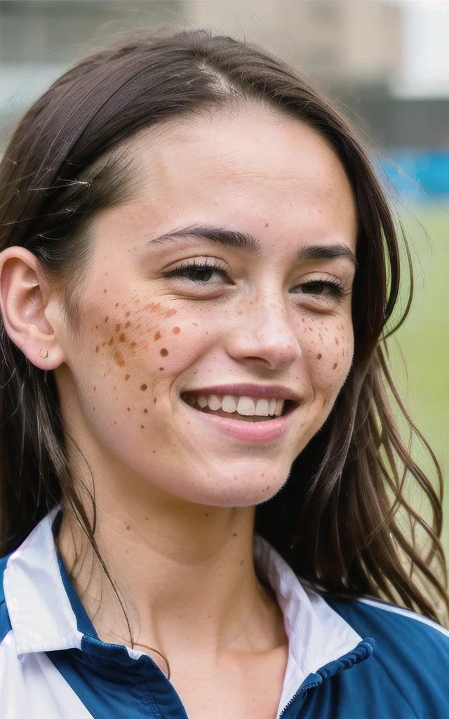 Generate a high-quality, realistic image of a man smiling at a soccer stadium celebration in street clothes. The image must be detailed, with neutral lighting, a generic background, with a smiling facial expression, so that it can be easily adjusted and improved in Photoshop. Also, include natural imperfections on the faces (like pimples, freckles, blemishes), nothing exaggerated so I can edit these details in photoshop. These images will be used for editing in a portfolio, so it is important that they are well defined and have high resolution. HD, 300pix/pol