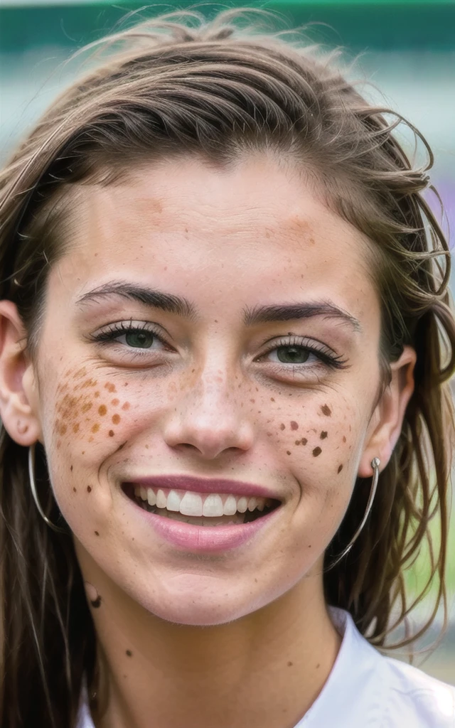 Generate a high-quality, realistic image of a man smiling at a soccer stadium celebration in street clothes. The image must be detailed, with neutral lighting, a generic background, with a smiling facial expression, so that it can be easily adjusted and improved in Photoshop. Also, include natural imperfections on the faces (like pimples, freckles, blemishes), nothing exaggerated so I can edit these details in photoshop. These images will be used for editing in a portfolio, so it is important that they are well defined and have high resolution. HD, 300pix/pol