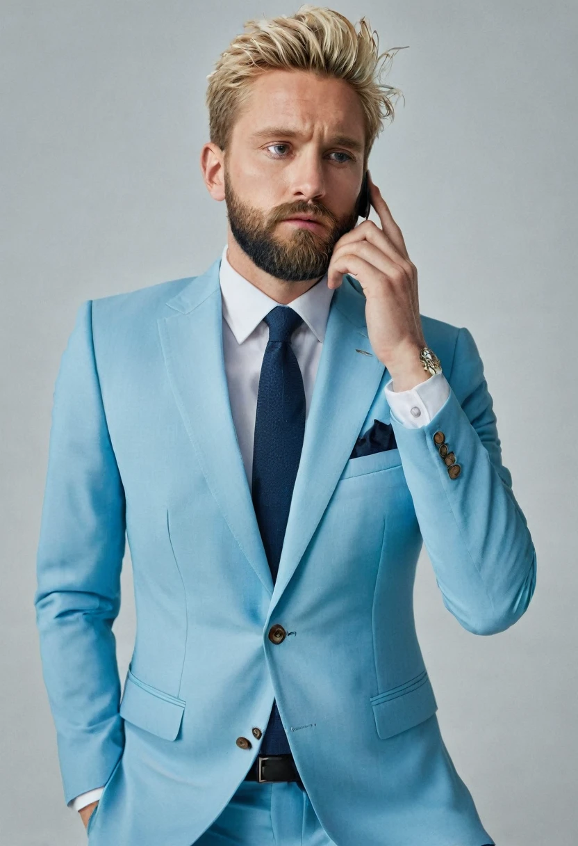 ((best quality)), 1 Men, short beard, slightly blonde hair, wearing light blue suit, half of the body seen from above, he is scratching his head