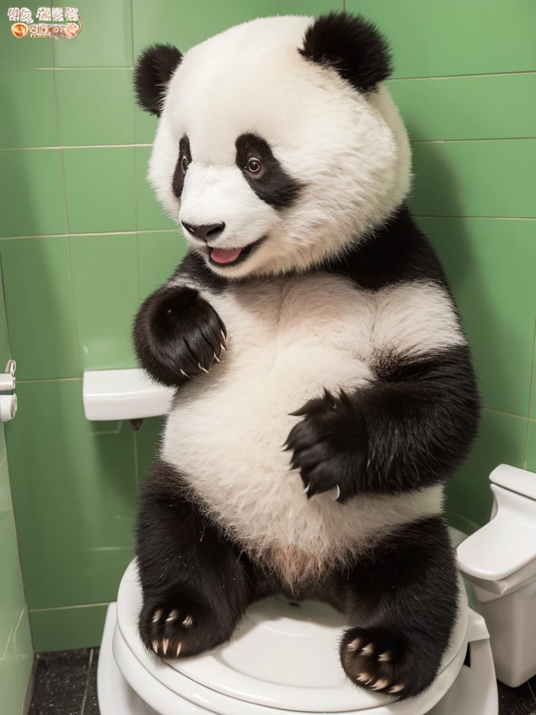 A super cute Chinese giant panda in the toiletands on the toilet，Giant panda standing on the toilet，Humble and cute、Cute and adorable，Smile and look ahead，big eyes，Focus，Super HD