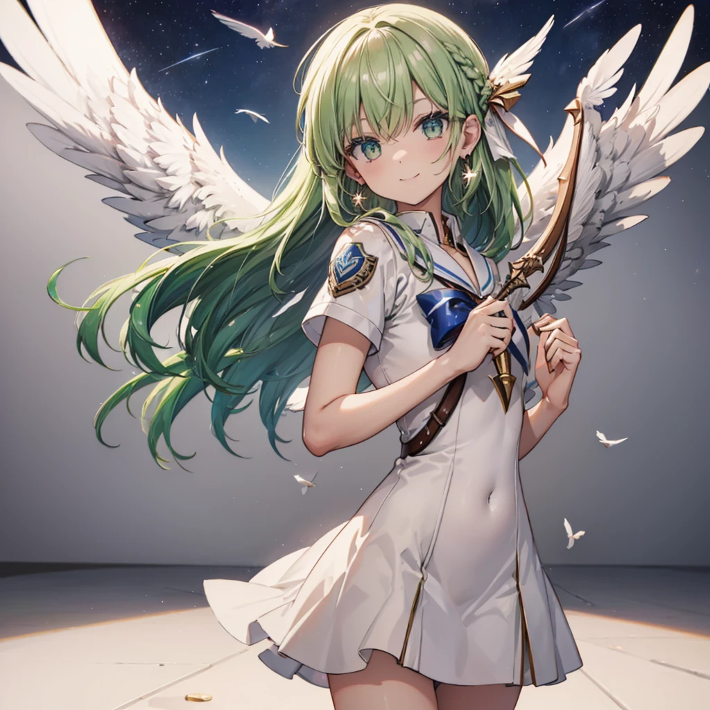 (((Archangel)))　((fluffy feathers　smile　Big feather　bow))，((White Dove　Big full moon))，(End of the Galaxy　shooting star　Sailor suit　Shiny Earrings　Green Hair　Long Hair)，　Shining Edge　Shining Background