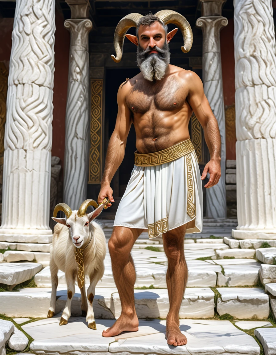 (best quality,4k,8k,highres,masterpiece:1.2),ultra-detailed,dnd character art, a satyr with a dark and white beard, dressed like an Ancient Greek philosopher, Greek tunic with gold embroidery, hairy arms, furry goat legs, standing before a Greek temple, Greek mythology, satyr, faun, Renaissance art style, Renaissance painting