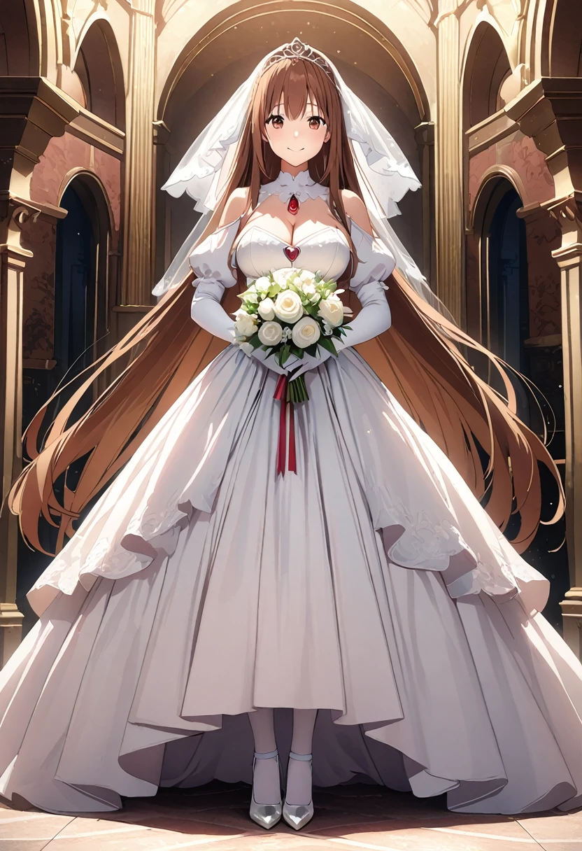Highest quality、Super detailed、High resolution illustrations、Ultra-high-definition CG、8k size wallpaper、Production Art、Light novel illustrations、(1People Girls)、asuna yuuki, long hair, bangs, brown hair, brown eyes, very long hair, braid、dress, bare shoulders, detached sleeves, white dress, A smile full of happiness、Puff sleeves、Gurwitz,(Bridal Veil:1.5)tiara、Cleavage cutouts、Red brooch、Wedding dress、White Dress、White Gloves、Long skirt、White Stockings、White stiletto heels、Holding a bouquet in both hands、Full Body、hyperrealistic、(spoken heart)