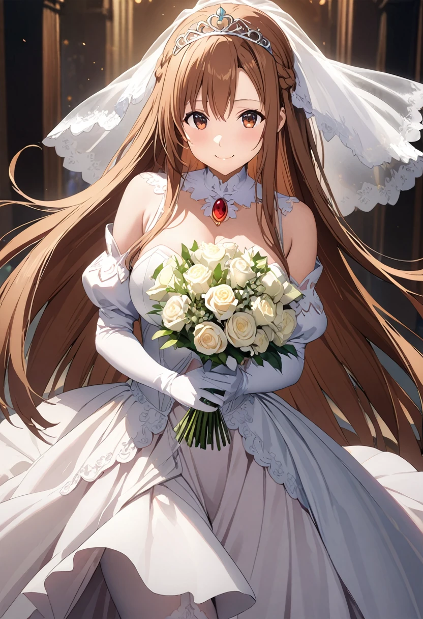 Highest quality、Super detailed、High resolution illustrations、Ultra-high-definition CG、8k size wallpaper、Production Art、Light novel illustrations、(1People Girls)、asuna yuuki, long hair, bangs, brown hair, brown eyes, very long hair, braid、dress, bare shoulders, detached sleeves, white dress, A smile full of happiness、Puff sleeves、Gurwitz,(Bridal Veil:1.5)tiara、Cleavage cutouts、Red brooch、Wedding dress、White Dress、White Gloves、Long skirt、White Stockings、White stiletto heels、Holding a bouquet in both hands、Full Body、hyperrealistic、(spoken heart)