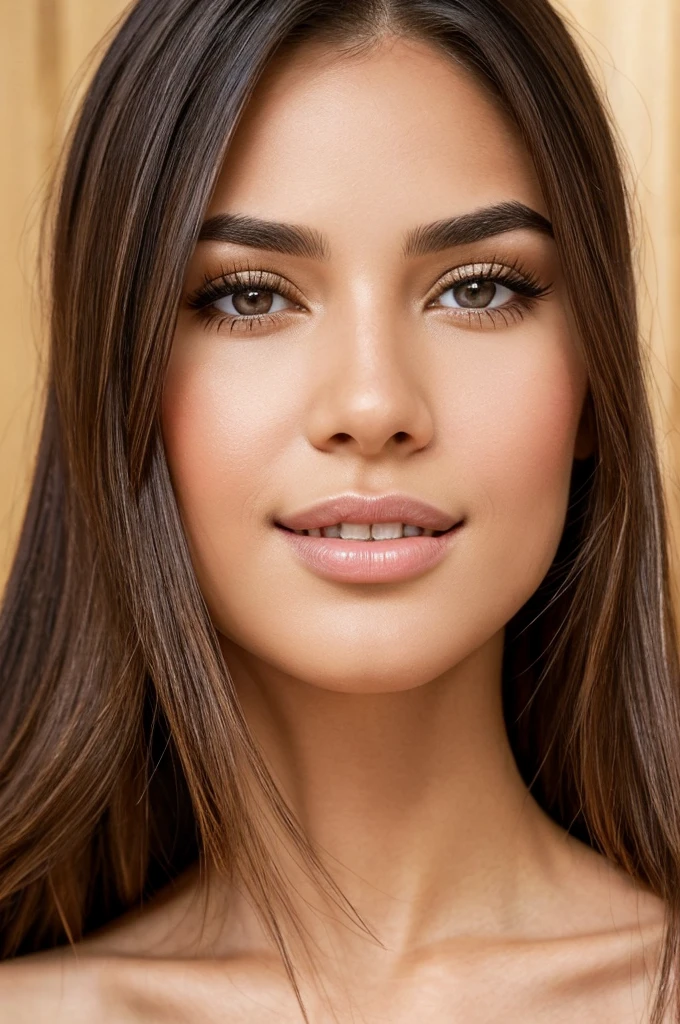 high resolution photo frontal portrait of a woman that has a classically beautiful face with delicate, feminine features. Her most striking attributes are her long, flowing black hair and captivating honey-colored eyes. She has large, expressive eyes with long, dark eyelashes and warm, light brown irises flecked with gold. Gabriela has high, sculpted cheekbones, a small, straight nose, and full, pouty lips. Her eyebrows are perfectly shaped and groomed, and she has a heart-shaped face with a strong jawline and slightly pointed chin. Overall, Gabriela radiates beauty, confidence and warmth, with a genuine smile that lights up her face and draws people in, style raw