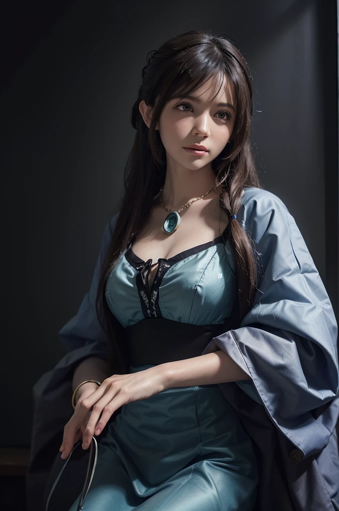 (front focus), (in the dark:1.6), Hyperrealist portrait of female by david hockney and alphonse mucha, fantasy art, photo realistic, dynamic lighting, artstation, poster, volumetric lighting, very detailed faces, 4 k, award winning, 1girl, in the dark, deep shadow, low key, cowboy shot, (official clothing:1.4), long hair, white hair