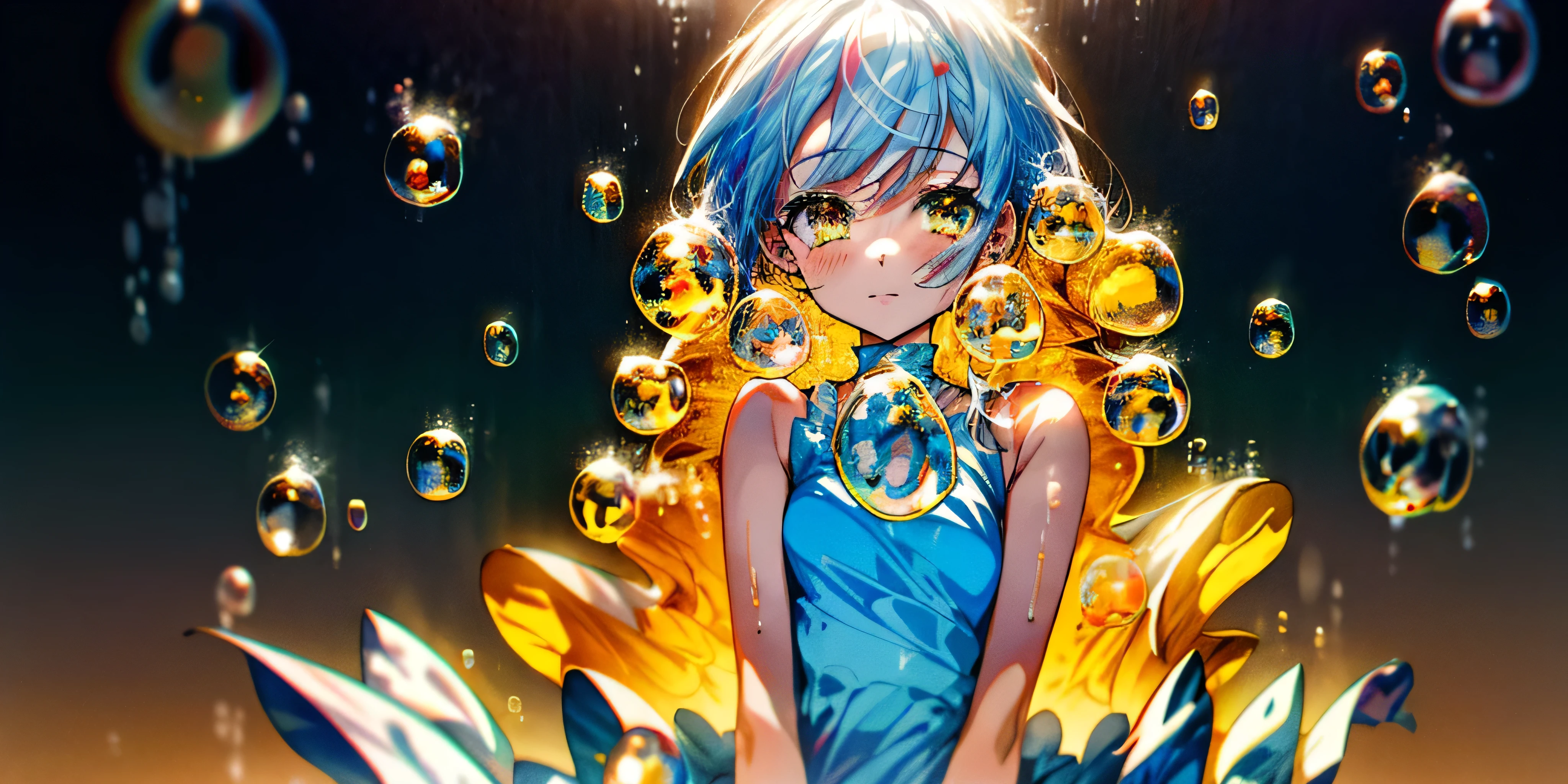 1girl, kawaii, solo, long hair, looking at viewer, bangs, golden eyes, (many bubbles background:1.5), hair ornament, white background, white laced dress, bow, bare shoulders, jewelry, platinum sky blue hair, standing,  upper body, barefoot, sleeveless, streaked hair, bare arms, bare legs, portfolio, portrait, blue dress, backless outfit, backless dress, splash water, blue theme, glitter,shiny