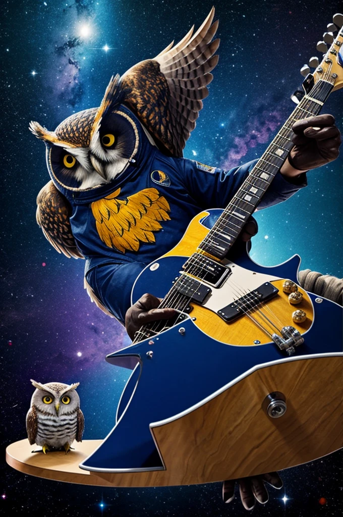 space owl playing guitar