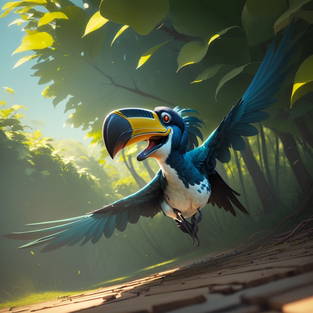 there is a bird that is flying in the air, toucan, character is flying, 3 d animated movie, cocky, pararel, blue arara, gonzo, morphing wings king vulture head, beware the jubjub bird, animated film, by Pixar, animated movie, pixar render, pixar art 3d, big beak