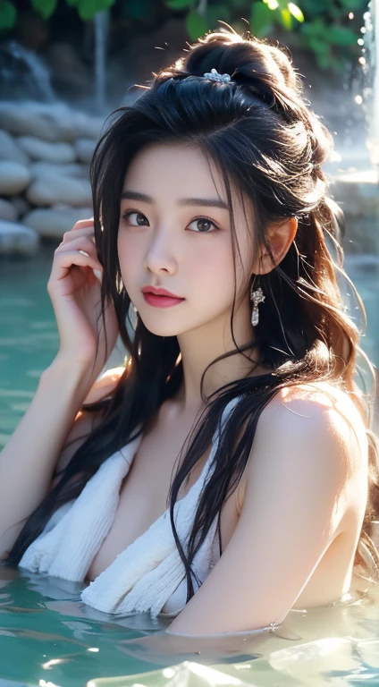 (masterpiece), (best quality:1.4), Ridiculous, [:Intricate details:0.2], 1 girl, (Naked Towel), (fountain, hot spring:1.2), hydrated skin, (FOG:1.2), mist, Glowing skin, radiant skin, (partially submerged in the hot spring:1.2), (wet hair:1.2), mist, wet, moisture,full-body shot