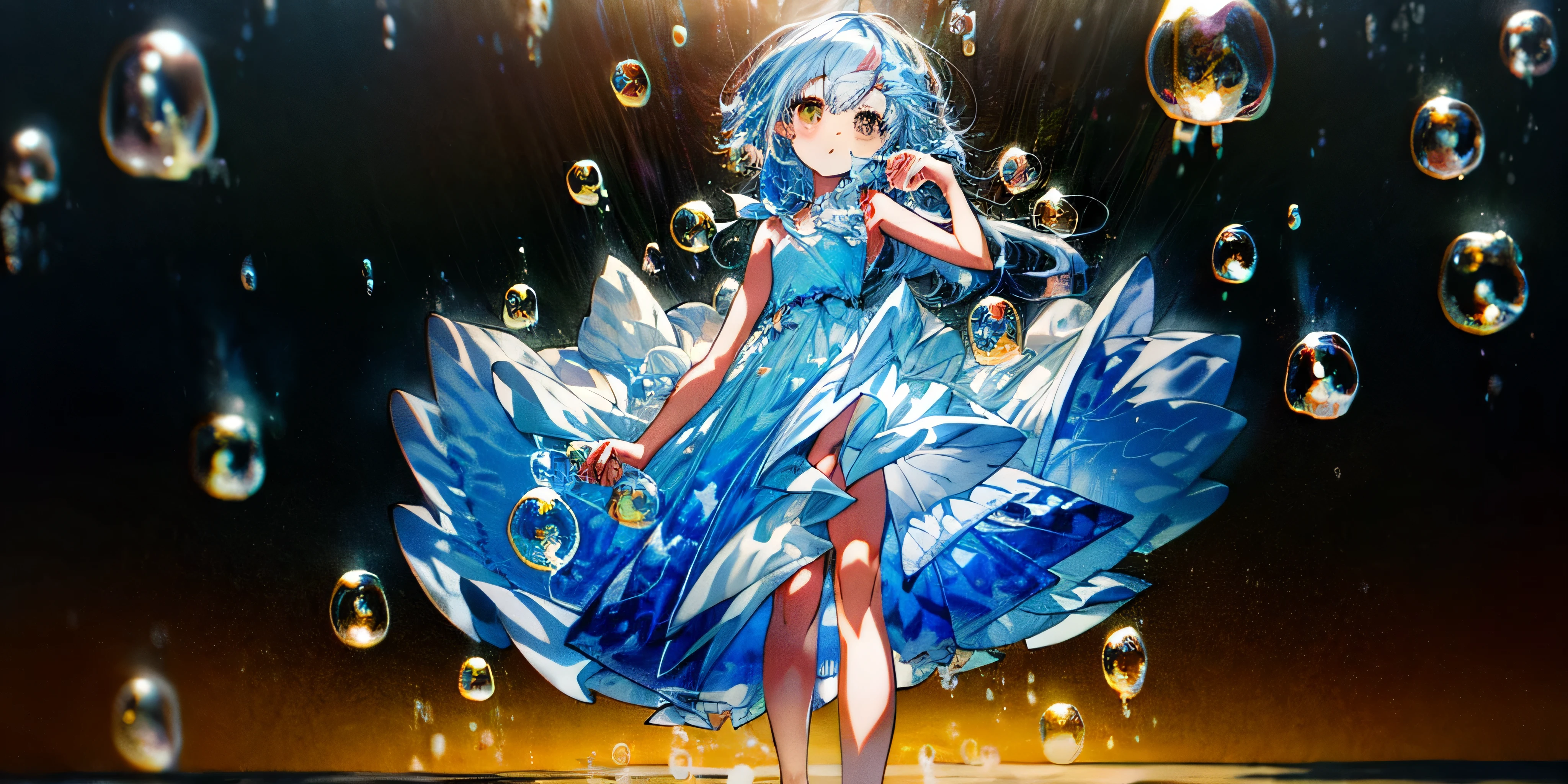 1girl, kawaii, solo, long hair, looking at viewer, bangs, golden eyes, (many bubbles background:1.5), hair ornament, white background, white laced dress, bow, bare shoulders, jewelry, platinum sky blue hair, standing,  upper body, barefoot, sleeveless, streaked hair, bare arms, bare legs, portfolio, portrait, blue dress, backless outfit, backless dress, splash water, blue theme, glitter,shiny