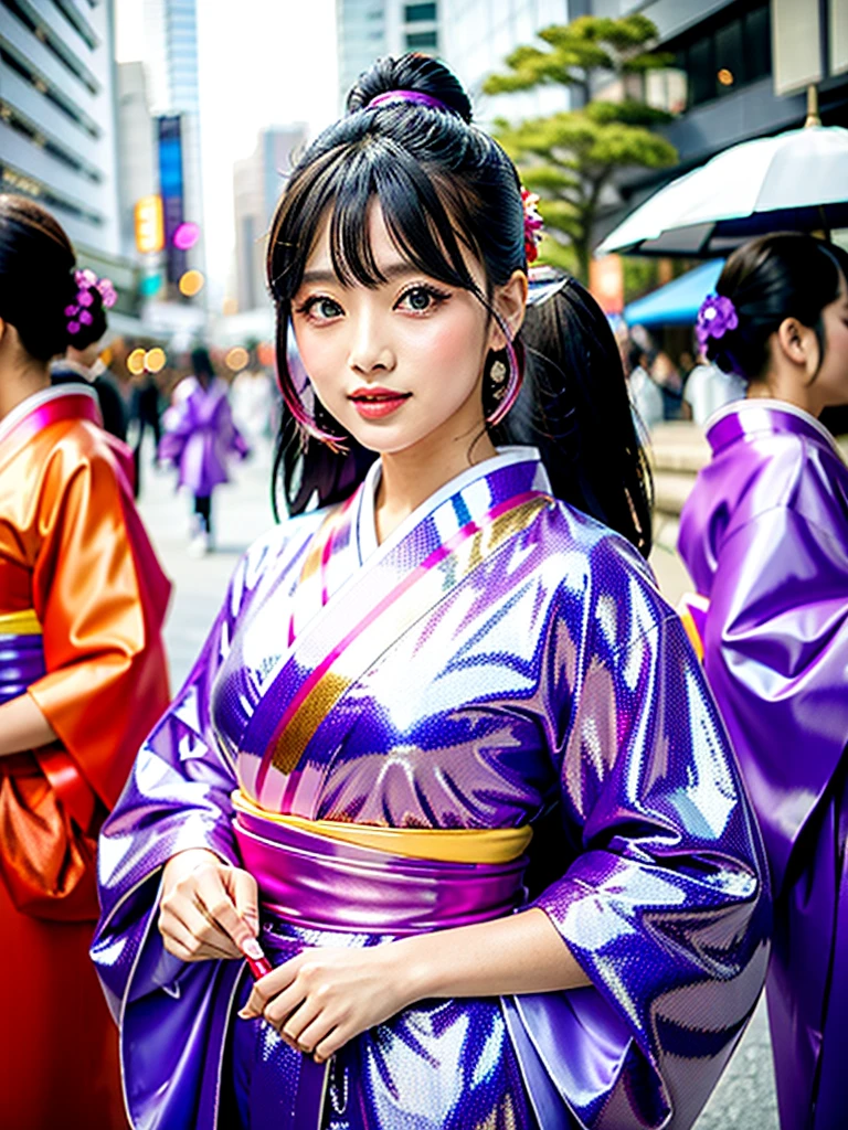 high quality, high resolution, Scenery of the city,Lots of girls,She is wearing a long-sleeved kimono made of super shiny enamel fabric.,The girls in the background are all wearing furisode kimonos made from super shiny enamel fabric.,Multicolored furisode,Heavy brainwashing makeup,purple mascara,Purple Eyeshadow,Shiny red lipstick
