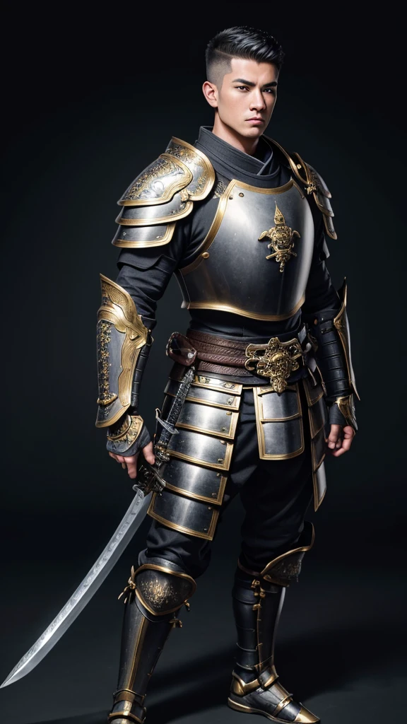 (((best quality))), (((ultra-detailed))), masterpiece, 8k, HD quality, add Details, 1boy, armor, full body armor, gold armor, black buzz-cut hair, blue eyes, shoulder pads, samurai ((weapon)), masterpiece, best quality,  highres, looking at viewer, full body, wide view,long shoot, standing, extremely detailed armor, intricate details, ultraquality, black background.