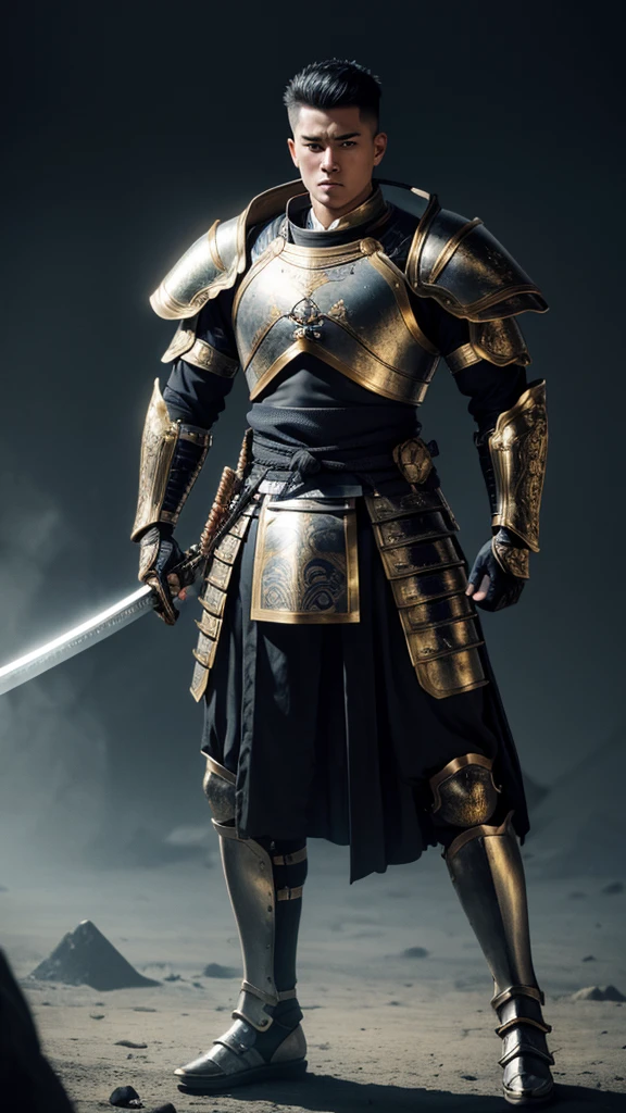(((best quality))), (((ultra-detailed))), masterpiece, 8k, HD quality, add Details, 1boy, armor, full body armor, gold armor, black buzz-cut hair, blue eyes, shoulder pads, samurai ((weapon)), masterpiece, best quality,  highres, looking at viewer, full body, wide view,long shoot, standing, extremely detailed armor, intricate details, ultraquality, black background.