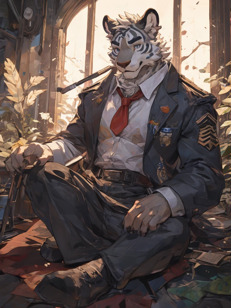 {{bara extremely handsome white tiger,}} {{white fur,}} white, wearing military like purple trench coat, purple trousers, white dress shirt and necktie, white fluffy furry body and limbs, loafers, very tall, very broad shoulders, narrow waist, muscular arms, massive pecs, purple eyes, very long legs, sitting on swivel chair with legs spread, massive bulge, reading file, sophisticated hot look, full body, sunlight casting over, 3/4 view, best quality, high quality, silver earring on left ear, sultry smirk