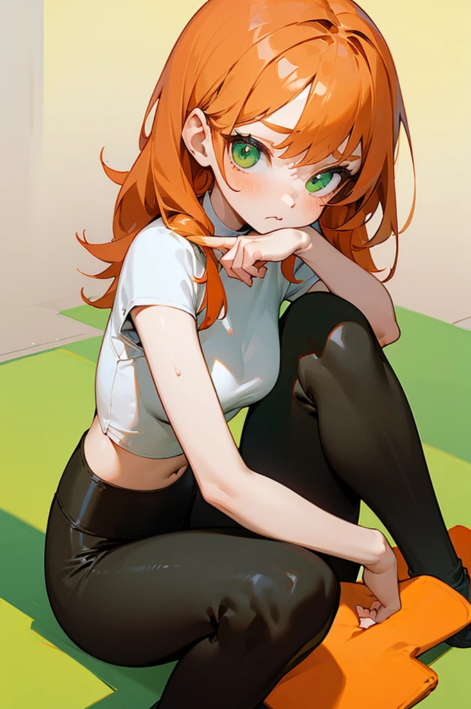 (masterpiece, best quality:1.2), 1 small girl, sitting up on knees, on knees, tight white crop top, skin tight top, black leggings, yoga, yoga mat, orange hair, green eyes, pale skin, cute, sweaty, pouting