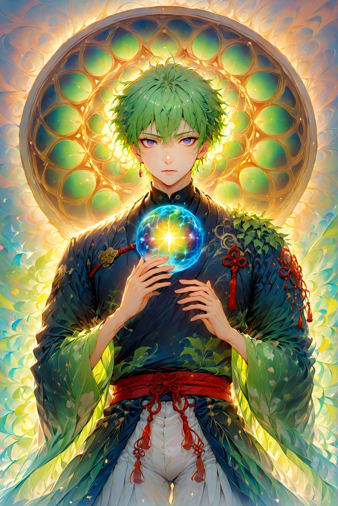 (masterpiece:1.3),(Highest quality:1.4),(Very detailedな:1.5),High resolution,Very detailed,8K,wallpaper,(One boy,gojou satora,JUJUTSU KAİSEN),artwork,(The background is an infinite universe,red,green,purple)、(clothing,White Hakama)背景はredとgreenの宇宙