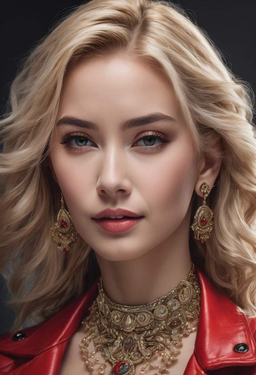 nude, hyper realistic, real photograph, hand on chin, intricate details, eight real fingers, ultra detailed face, beautiful, sexy, gorgeous, female model, sexy smile, necklace, red jacket, blonde hair, black eye shadow, ear rings, ultra realistic, ultra high detail, sharp focus, 8k,Negative prompts: deformed fingers, ugly face, long neck,