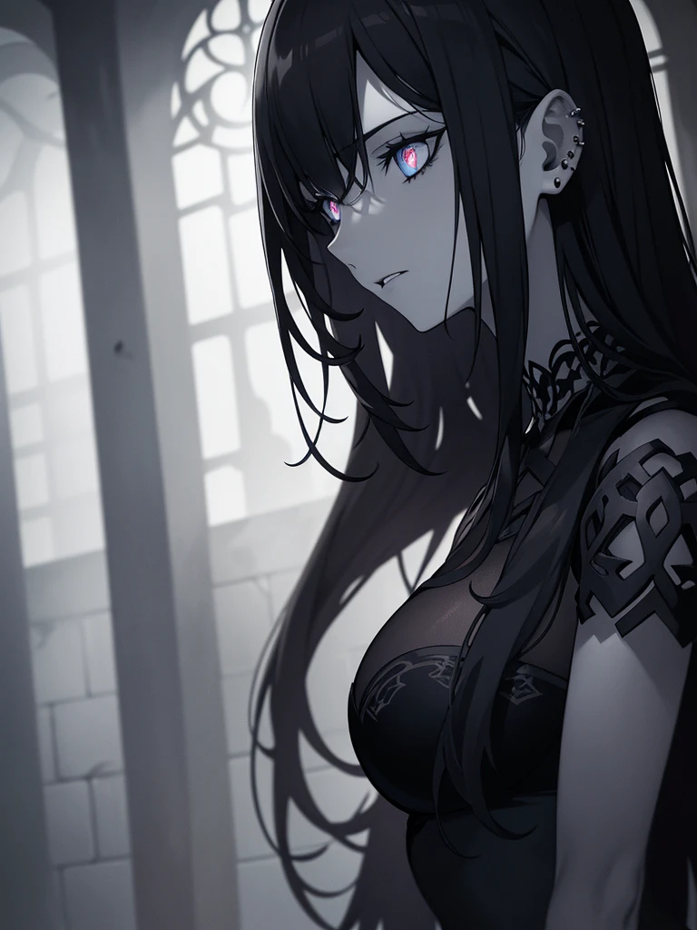 a dark girl with pale skin, piercing eyes, a haunting expression, poercing, exploring a dangerous labyrinth, highly detailed, dramatic lighting, cinematic composition, moody and atmospheric, dark fantasy, muted color palette, chiaroscuro