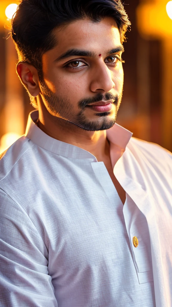 A handsome Indian man wearing a traditional kurta, detailed facial features including beautiful eyes, long eyelashes, well-groomed hair, homoerotic pose, photo shoot, best quality, 8k, ultra-detailed, realistic, photorealistic, masterpiece, vivid colors, dramatic lighting