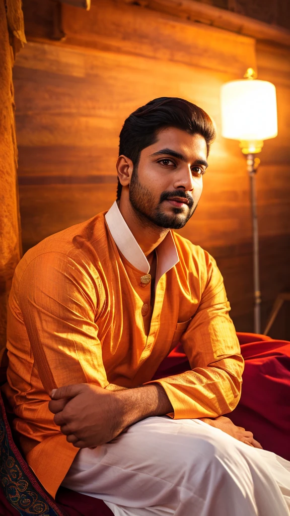 A handsome Indian man wearing a traditional kurta, detailed facial features including beautiful eyes, long eyelashes, well-groomed hair, homoerotic pose, photo shoot, best quality, 8k, ultra-detailed, realistic, photorealistic, masterpiece, vivid colors, dramatic lighting