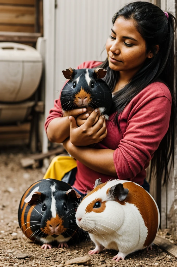 Indigenous woman in her hand put a guinea pig