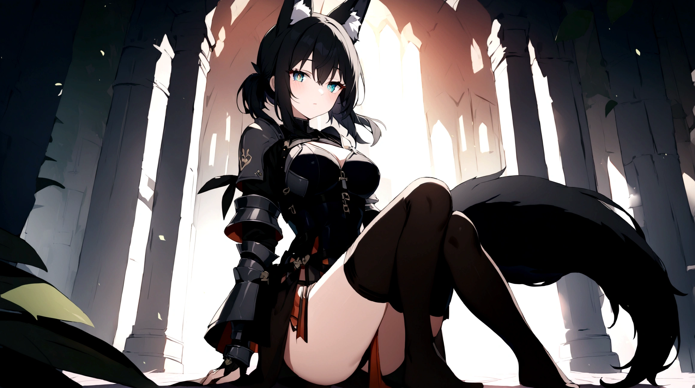 (1girl, Masterpiece, best quality) (detailed and beautiful eyes:1.6) (perfect hands, perfect anatomy) (full body)) (Mature) (Adult) Fox-girl Misaki has ((short black hair)), (Fox-ears). (She wears a black fantasy medieval adventurer armor) ((She has a **one** black fluffly fox tail.)) She wearing a long brown trousers with armored knees. She has over-to-knee socks. Background shows red sky on dessert with gray sand.