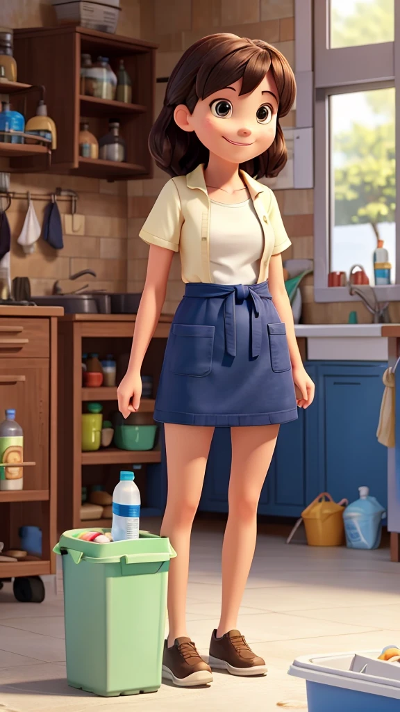 There are three bins for garbage disposal. There is a person disposing of a plastic bottle in the correct bin. The person is an adult woman wearing summer clothes. she is smiling.