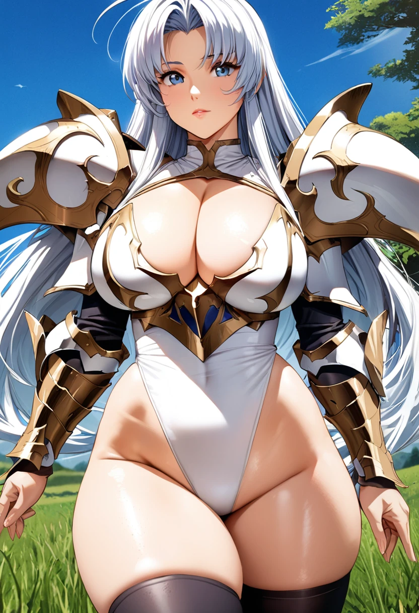 ((highest quality)), ((masterpiece)), ((hyperrealistic)), (detailed background), anime style, solo, 1girl, ((langrisser)), ((curvy: 1.2)), kawaii, ((fantasy armor: 1.3)), Silver long hair, ahoge, forehead, parted bangs, (white paladin armor), ((white slingshot leotard leotard: 1.3)), ((large breasts)), (zettai ryouiki black knee socks), ((gauntlet)), (cleavage breastplate), (big butt), (thighs), (groin), beautiful eyes, perfect face, Perfect hands, perfect fingers, Blue sky and grassland, take a pose