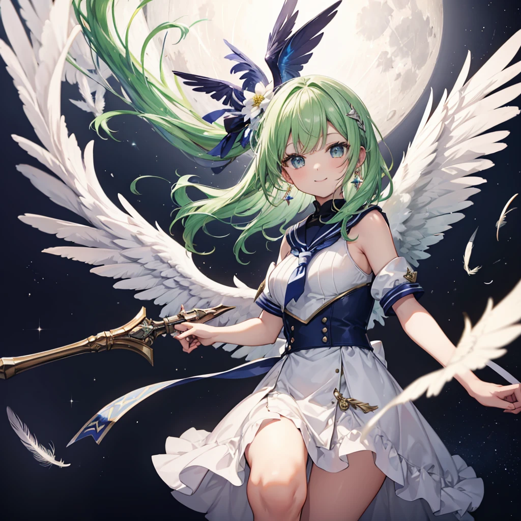 (((Archangel)))　((fluffy feathers　smile　Big feather　Holding a bow))，((White Dove　Big full moon))，(End of the Galaxy　shooting star　Sailor suit　Shiny Earrings　Green Hair　Long Hair)，　Shining Edge　Shining Background