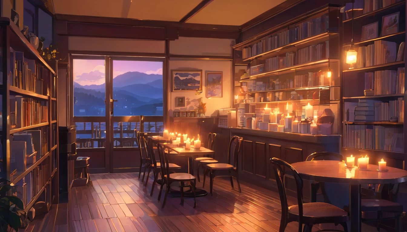 Produce a lo-fi aesthetic anime illustration of a cozy and empty cafe during twilight, with book shelves, some lit candles and a roaring fireplace in the background. The soft light of the candles should illuminate the details of the room.