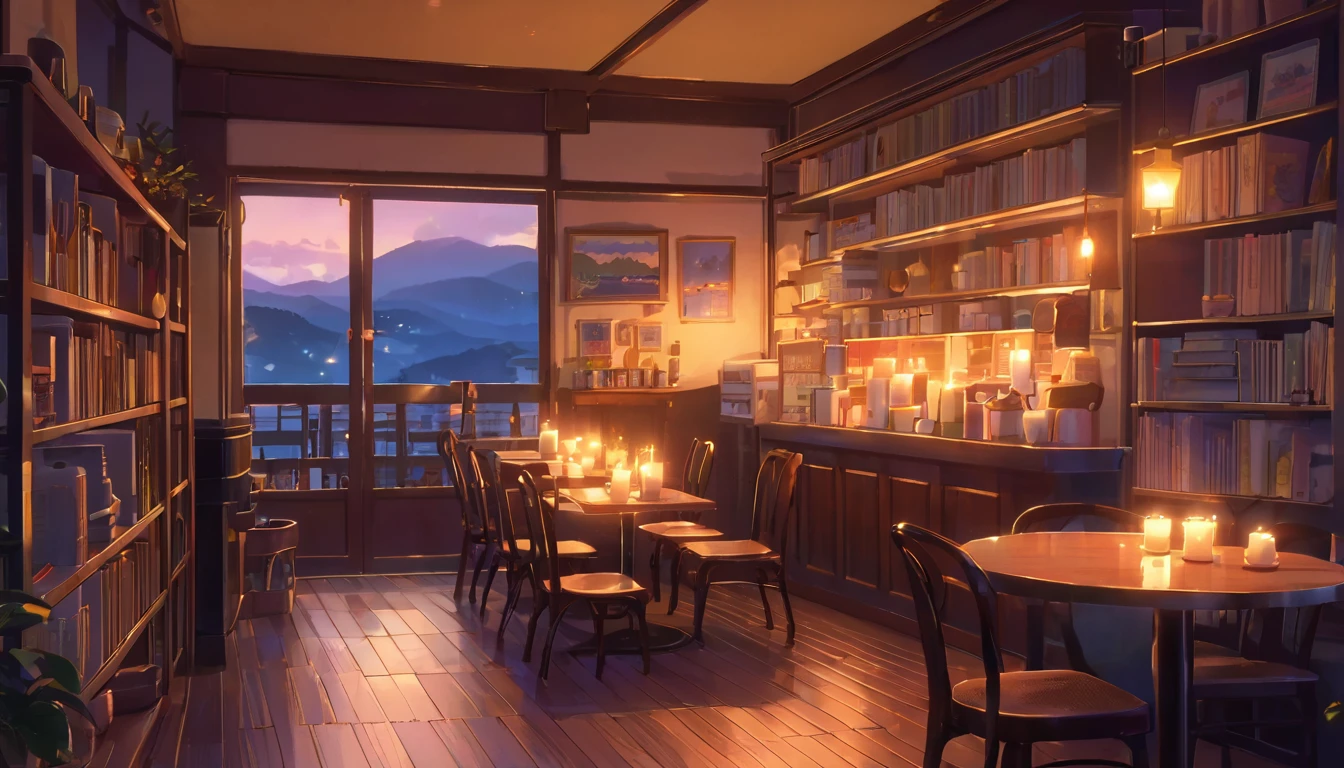 Produce a lo-fi aesthetic anime illustration of a cozy and empty cafe during twilight, with book shelves, some lit candles and a roaring fireplace in the background. The soft light of the candles should illuminate the details of the room.
