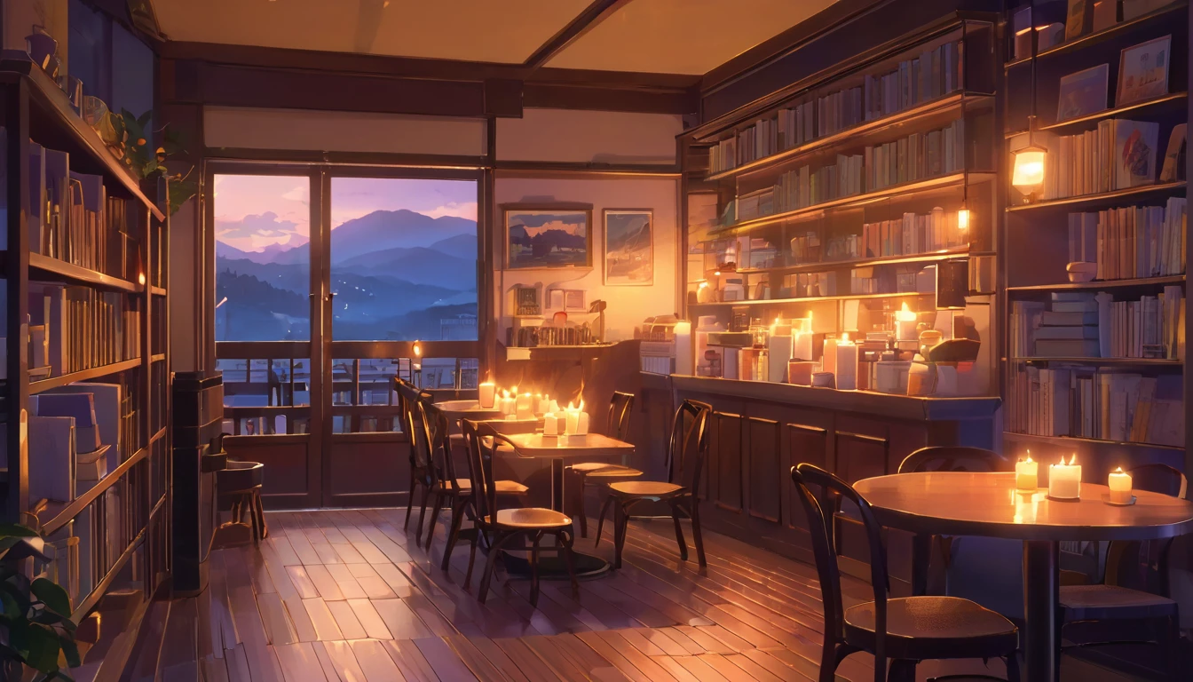 Produce a lo-fi aesthetic anime illustration of a cozy and empty cafe during twilight, with book shelves, some lit candles and a roaring fireplace in the background. The soft light of the candles should illuminate the details of the room.