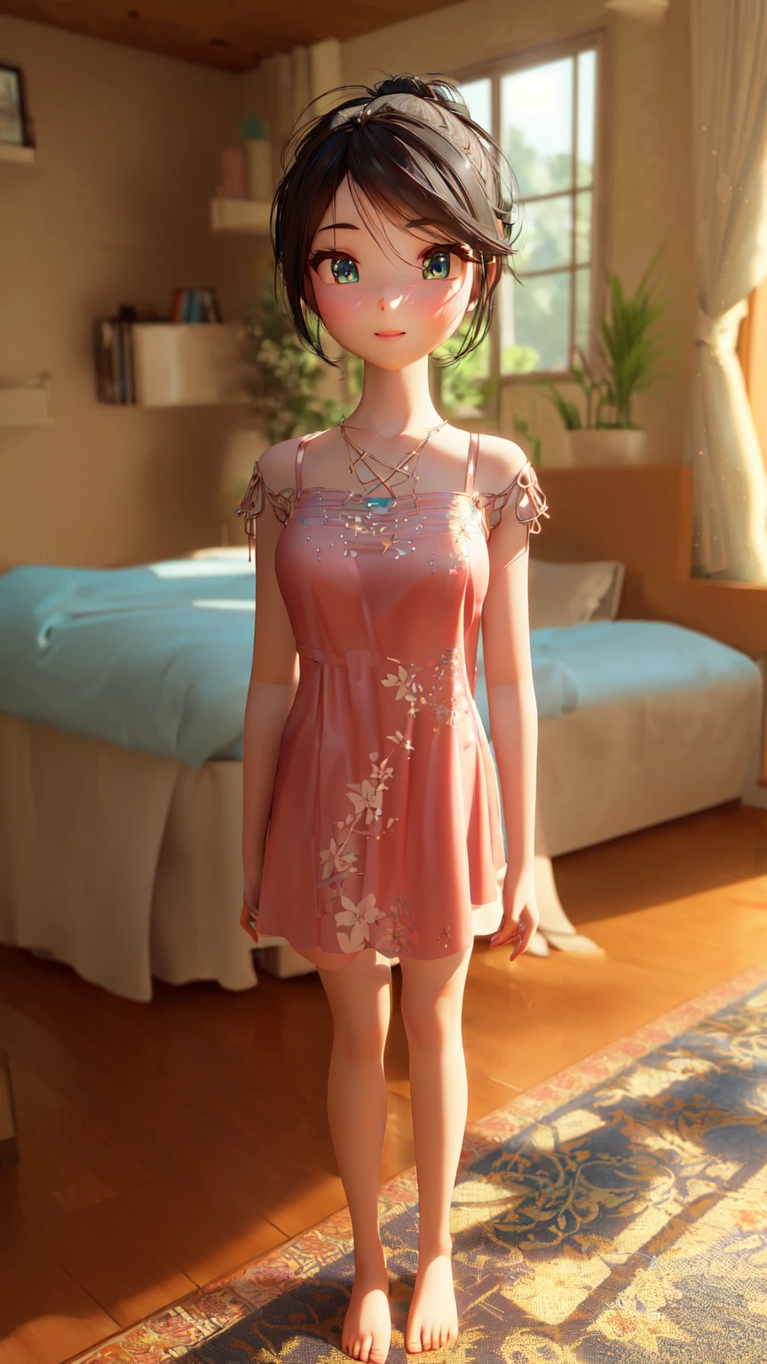 The room has a beauty walking on the carpet, Wear粉色睡衣，Cute look :: Octane Rendering, Soft 3d rendering, Cute 3d rendering, Presented by sfm, Rendering a cute 3D anime girl, Semi-realistic rendering, Ultra-detailed rendering, 3D rendering style, Rendering in Blender,  Wear, Pixar Renderman Rendering