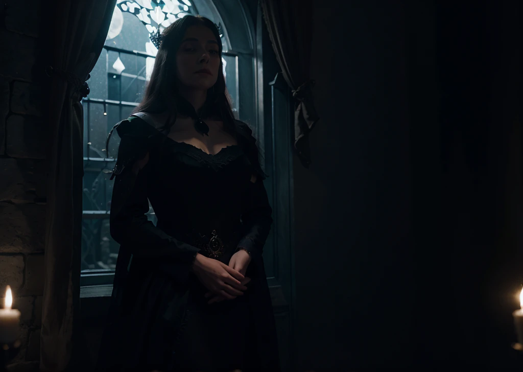 Hyperrealistic 8k high detail fantasy realm under moonlight, a spectre of a prince looking lost under window, pov from the queen of night, looking up at a familiar yet heartaching shadow