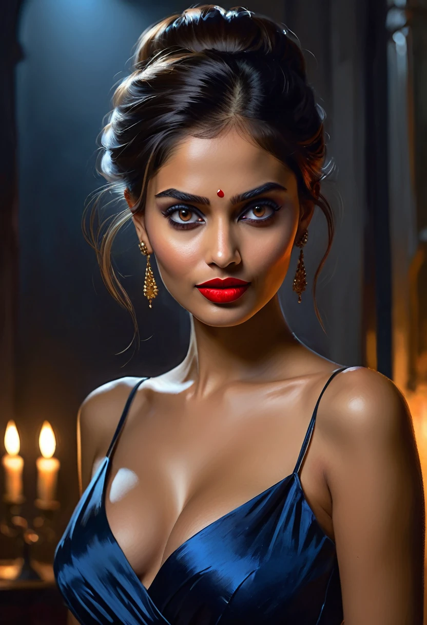 (seductive) (night blue ambience) (dark room ambience) an indian girl wearing a sleeveless one piece holding a knife with hand ((like she wants to murder someone), a cruel criminal smile in her face, ((red lips, bright eyes, curve heir 1.5)), ((beautiful details very big breast )), (Straight round and ultra huge clevage, not sagging breast), a gorgeous beautiful face, bright eyes, modern sexy dress, updo elegant hair, ultra focus, face illumined, face detailed, 8k resolution, painted, dry brush, brush strokes, razumov style and garmash style, by Tokaito, ((Full Open )), full body, night blue ambience