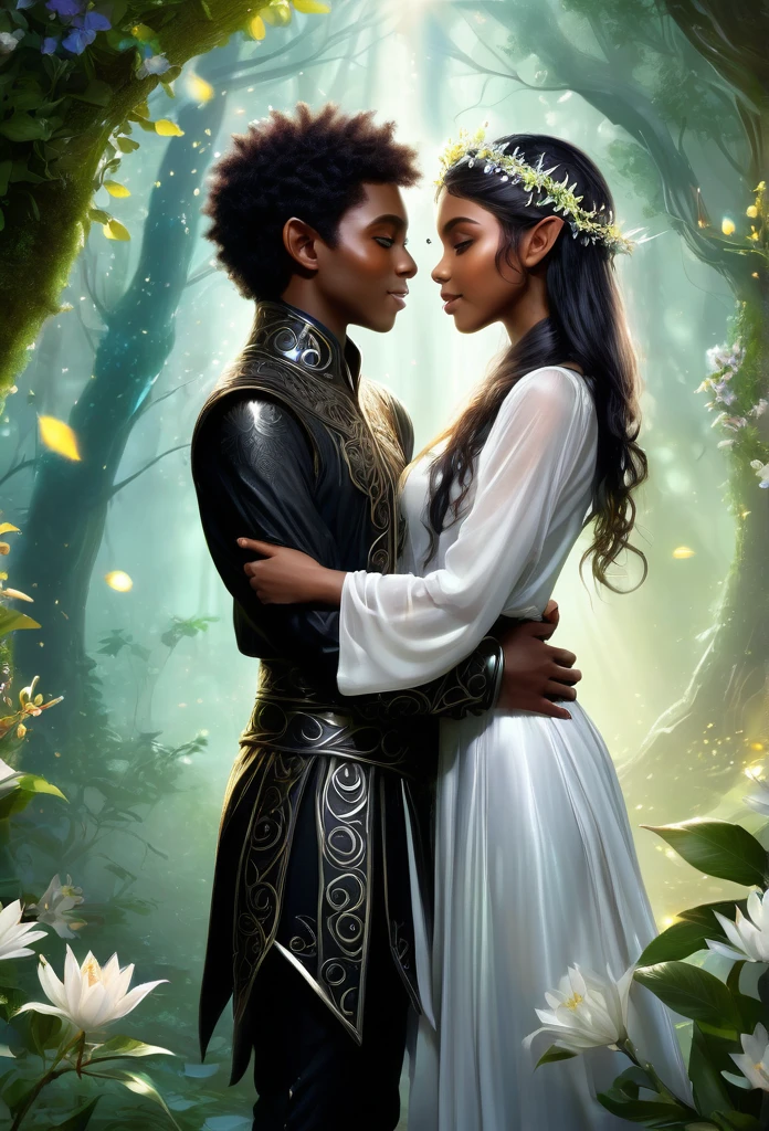 a couple of black elves((a boy and a girl)),(elf ears) hugging each other,in a extremely beautiful forest, sparkling flowers, beautiful light ray,light mist background around the couple,delicate, inocente,hiper detailed elf clothes. (high quality),(fantasy illustration),(art work),(refined details)