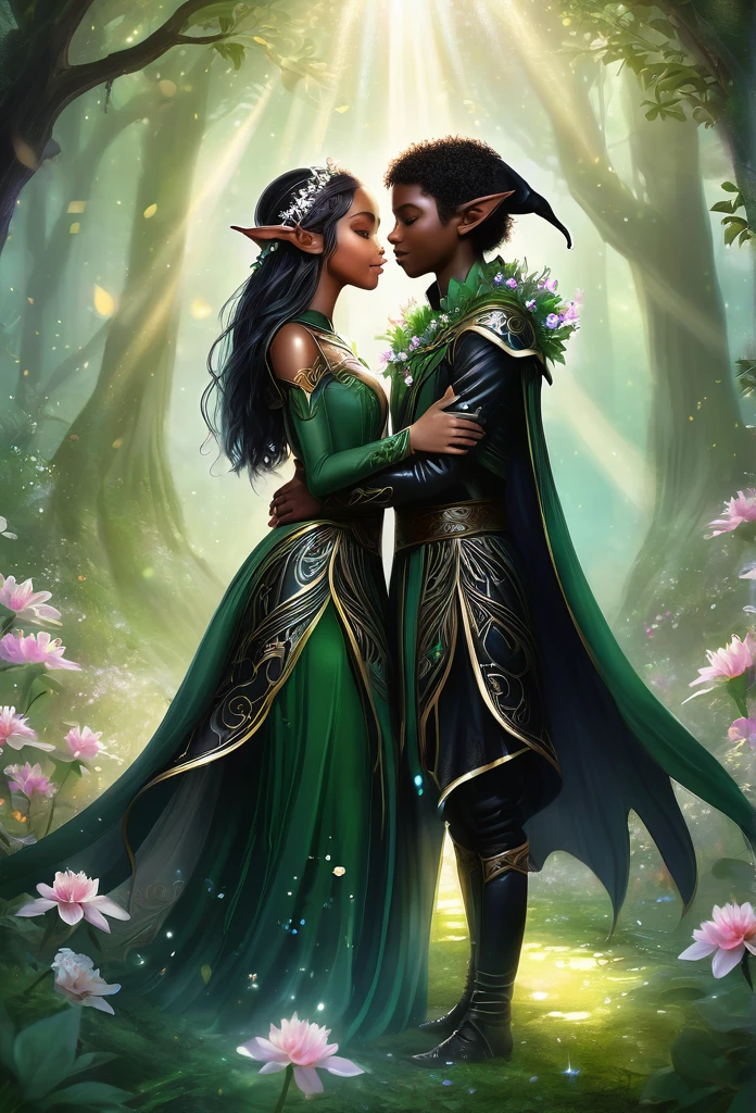 a couple of black elves((a boy and a girl)),(elf ears) hugging each other,in a extremely beautiful forest, sparkling flowers, beautiful light ray,light mist background around the couple,delicate, inocente,hiper detailed elf clothes. (high quality),(fantasy illustration),(art work),(refined details)