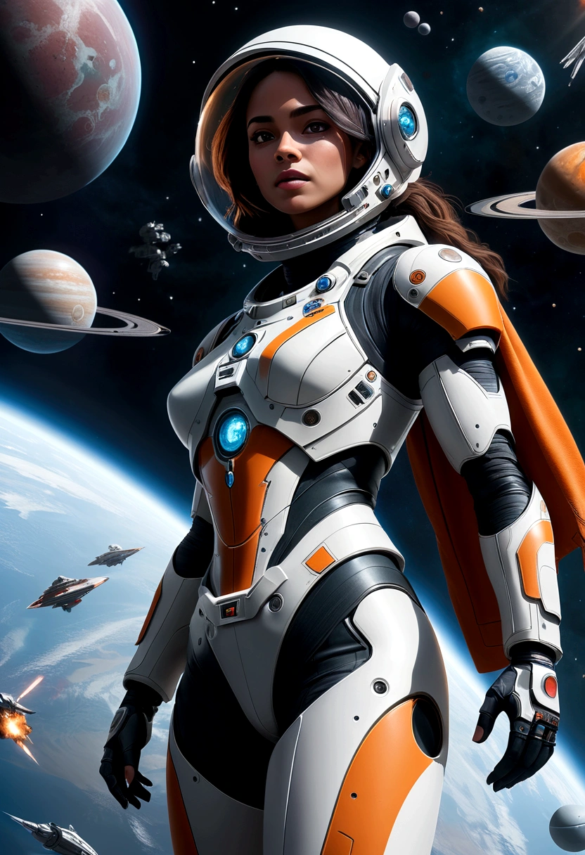 A female astronaut, extremely detailed and realistic, surrounded by gigantic starships engaged in an epic space battle, with detailed galactic conflict and photorealistic planets in the background, (best quality,4k,8k,highres,masterpiece:1.2),ultra-detailed,(realistic,photorealistic,photo-realistic:1.37),cinematic lighting,dramatic atmosphere,intense action,vibrant colors,dramatic pose,muscular body,highly detailed facial features,hyperrealistic space environment,large ,scifi,science fiction