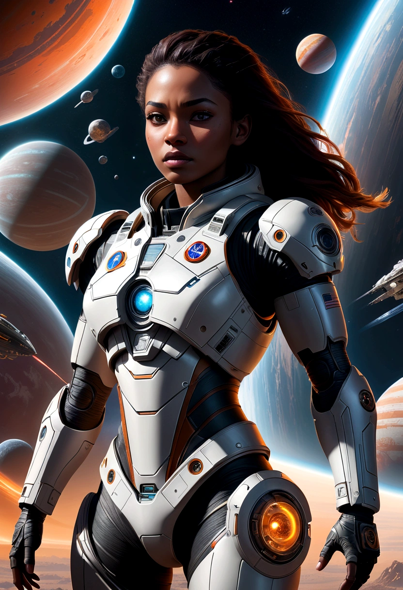 A female astronaut, extremely detailed and realistic, surrounded by gigantic starships engaged in an epic space battle, with detailed galactic conflict and photorealistic planets in the background, (best quality,4k,8k,highres,masterpiece:1.2),ultra-detailed,(realistic,photorealistic,photo-realistic:1.37),cinematic lighting,dramatic atmosphere,intense action,vibrant colors,dramatic pose,muscular body,highly detailed facial features,hyperrealistic space environment,large ,scifi,science fiction