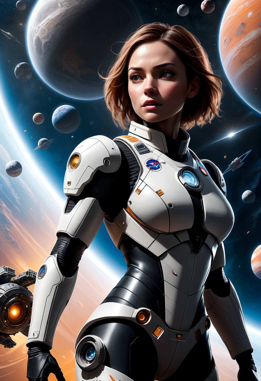 A female astronaut, extremely detailed and realistic, surrounded by gigantic starships engaged in an epic space battle, with detailed galactic conflict and photorealistic planets in the background, (best quality,4k,8k,highres,masterpiece:1.2),ultra-detailed,(realistic,photorealistic,photo-realistic:1.37),cinematic lighting,dramatic atmosphere,intense action,vibrant colors,dramatic pose,muscular body,highly detailed facial features,hyperrealistic space environment,large ,scifi,science fiction