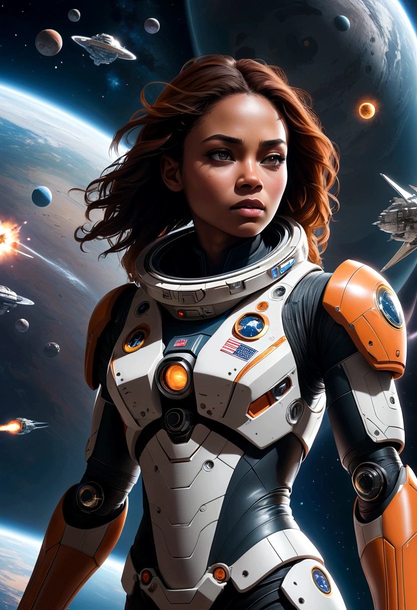 A female astronaut, extremely detailed and realistic, surrounded by gigantic starships engaged in an epic space battle, with detailed galactic conflict and photorealistic planets in the background, (best quality,4k,8k,highres,masterpiece:1.2),ultra-detailed,(realistic,photorealistic,photo-realistic:1.37),cinematic lighting,dramatic atmosphere,intense action,vibrant colors,dramatic pose,muscular body,highly detailed facial features,hyperrealistic space environment,large ,scifi,science fiction