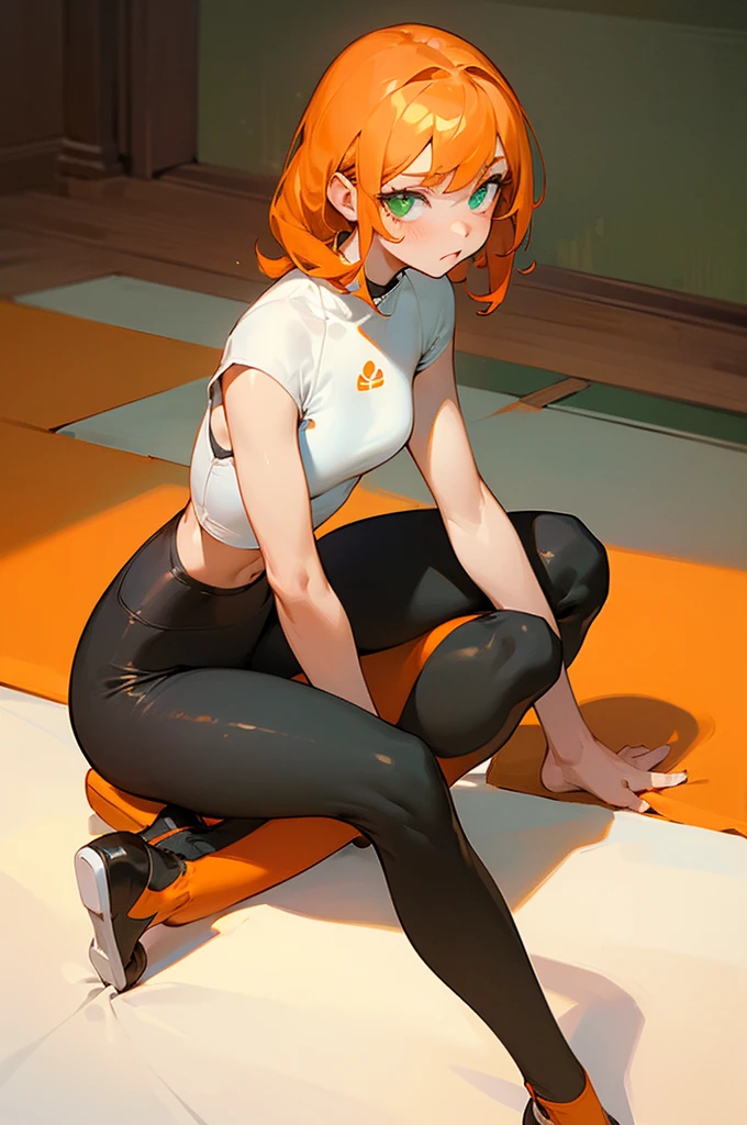 (masterpiece, best quality:1.2), 1 small girl, (sitting up on knees, on knees), tight white crop top, skin tight top, black leggings, yoga, yoga mat, orange hair, green eyes, pale skin, cute, sweaty, pouting