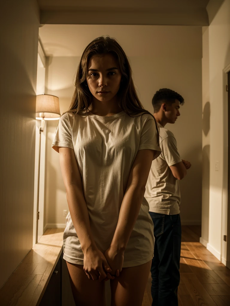 girlfriend emotional holding the hands of her boyfriend in a low light room corner ,realistic 4k UHD