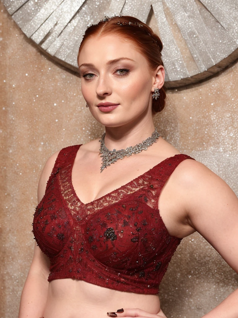 Face of Sophie Turner, Sansa Stark played by Sophie Turner, the de facto Lady of the Eyrie, is a 45-year-old mature queen with a stunning, alluring appearance. Full Face, Full figured woman, heavy physique, thick thighs, pierced eyes, reddish lips, upper body shot, erotic Mediaeval costumes, game of thrones costumes, She wears a Game of Thrones-inspired costume and has a deep cleavage, a perfect thick body, and a perfect thick figure. The photograph captures her in a close-up, with her skin texture and facial features being ultra-realistic and realistic. Juicy thick figure, high quality skin, Skin pores, amazing details, snow, snow flakes, semi realistic, extremely detailed eyes, dark moody orange and black settings, cool environment, artificial intelligence, winter, winter scene, insane details,