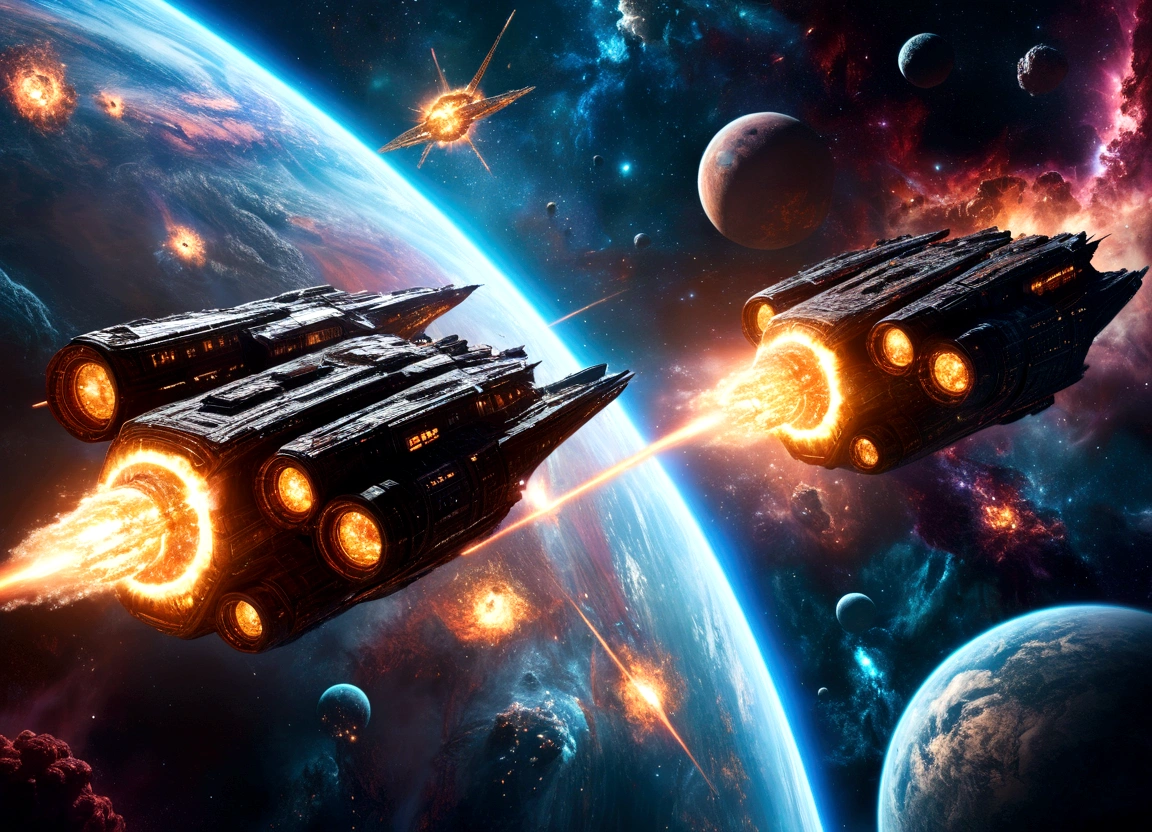 a massive space battle between 2 colossal celestials war ships,cinematic dramatic lighting,epic scale,highly detailed,intricate cosmic environment,glowing energy effects,dramatic poses,explosive action,shimmering nebulas,swirling cosmic dust clouds,brilliant vivid colors,cinematic camera angle,dynamic camera movement,awe-inspiring scale,photorealistic,8k,best quality