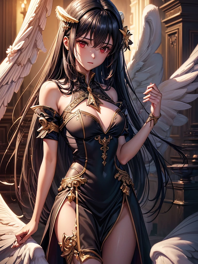 ((best quality)),(Ultra-high resolution),(Super detailed),(Detailed description),((Best CG))(Fantasy art with precise details:1.5), Black Hair,European classical long dress,(1 Female Angel:1.6),Angel Wings,side,Injuried,Blood,Wound,Serious expression