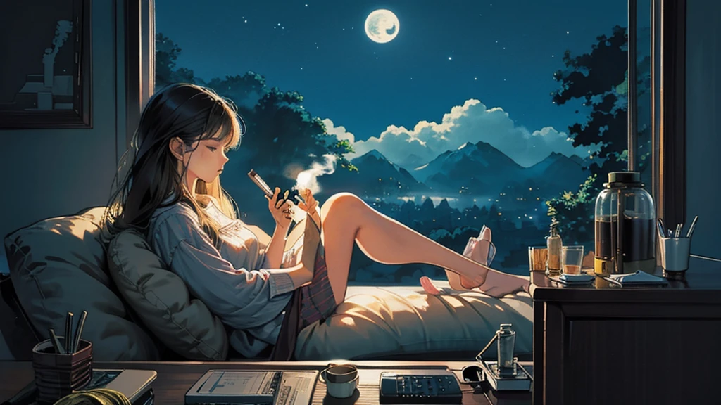 night、Moon and light、healing、lo-fi、Tranquility、Cassette tape recorder、Steaming coffee、A woman relaxing while listening to music